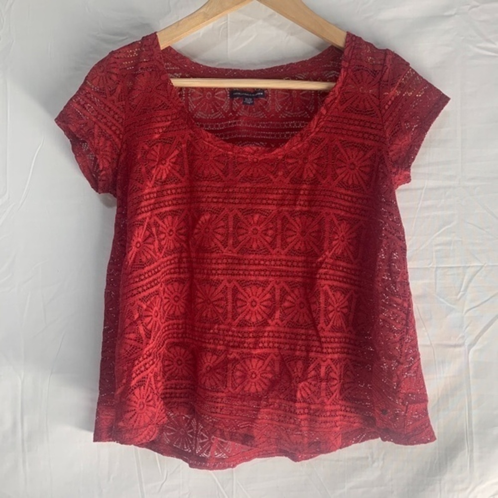 American Eagle Red Short Sleeve Floral Lace Top XS